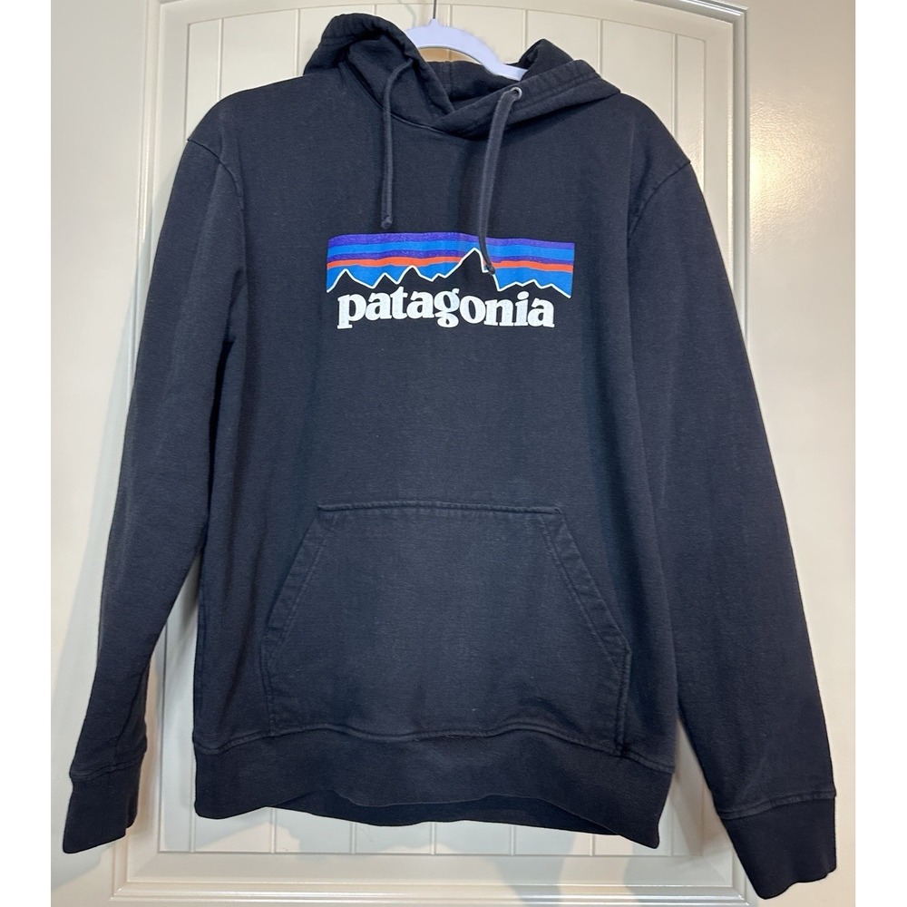 PATAGONIA LOGO UPRISAL Hoody black hooded sweatshirt Fleece Pullover Jumper Sz M